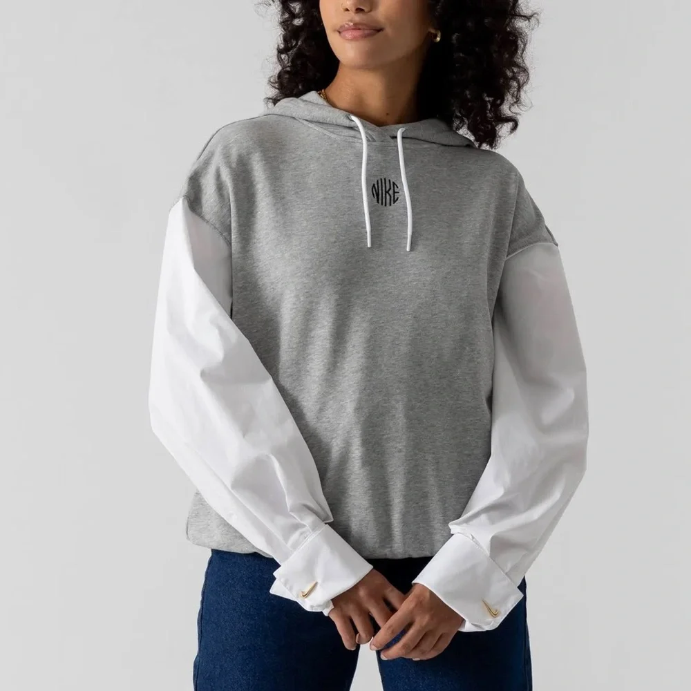 Nike Women's Sportswear Icon Clash Monogram Hoodie in Gray/White Size 1X